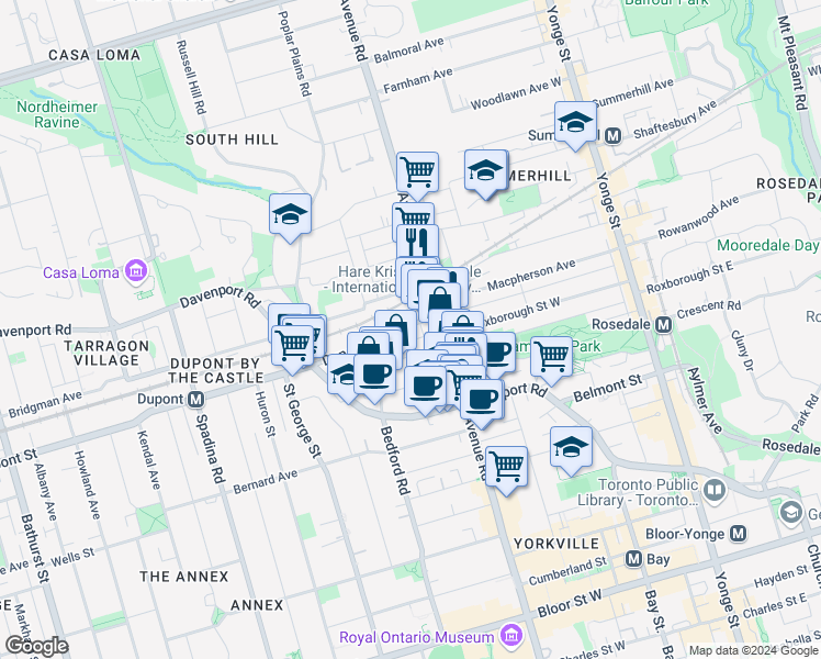 map of restaurants, bars, coffee shops, grocery stores, and more near in Toronto
