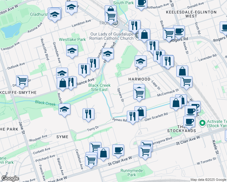 map of restaurants, bars, coffee shops, grocery stores, and more near in Toronto
