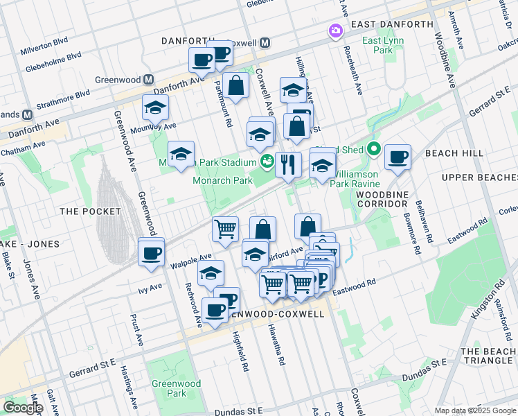 map of restaurants, bars, coffee shops, grocery stores, and more near 465 Ashdale Avenue in Toronto