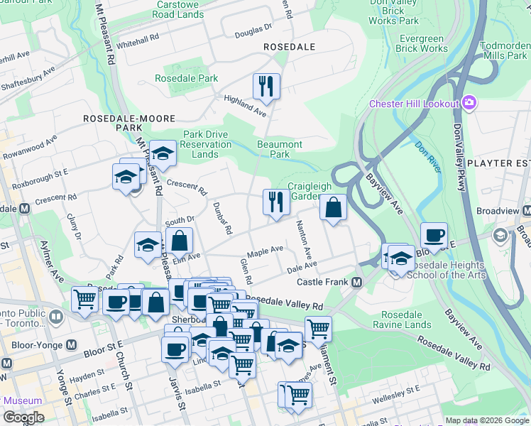 map of restaurants, bars, coffee shops, grocery stores, and more near 155 South Drive in Toronto