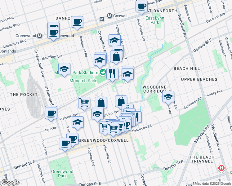 map of restaurants, bars, coffee shops, grocery stores, and more near 418 Coxwell Avenue in Toronto