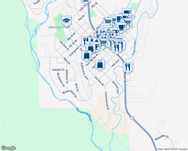 map of restaurants, bars, coffee shops, grocery stores, and more near 237 3rd Ave in Ketchum