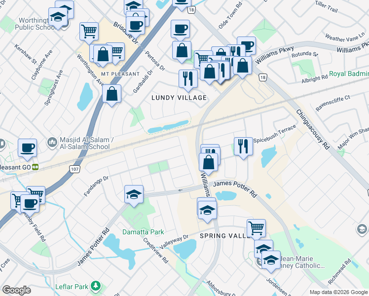 map of restaurants, bars, coffee shops, grocery stores, and more near 98 Owlridge Drive in Brampton