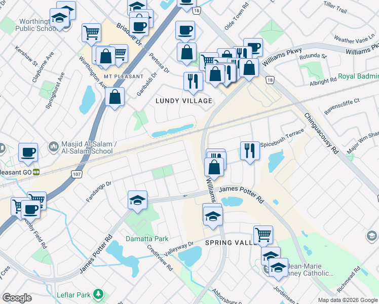 map of restaurants, bars, coffee shops, grocery stores, and more near 98 Owlridge Drive in Brampton