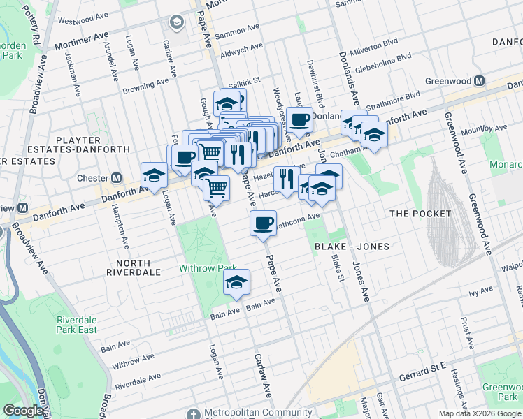 map of restaurants, bars, coffee shops, grocery stores, and more near 635 Pape Avenue in Toronto