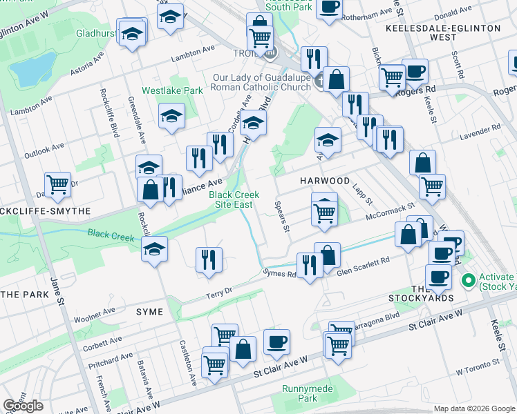 map of restaurants, bars, coffee shops, grocery stores, and more near 55 Hilldale Road in Toronto