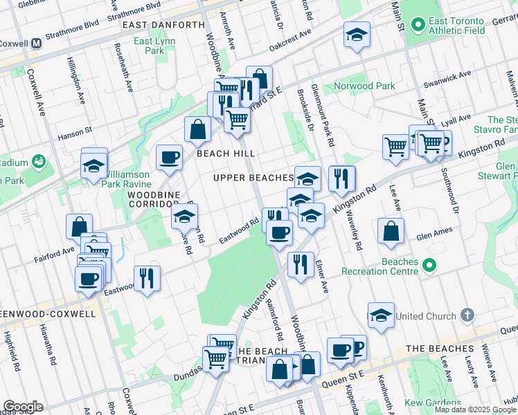 map of restaurants, bars, coffee shops, grocery stores, and more near 582 Woodbine Avenue in Toronto