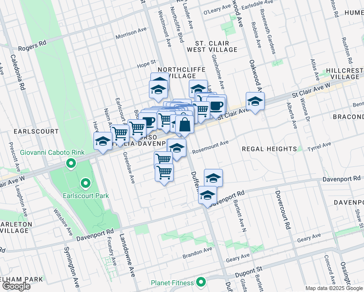 map of restaurants, bars, coffee shops, grocery stores, and more near 1652 Dufferin Street in Toronto