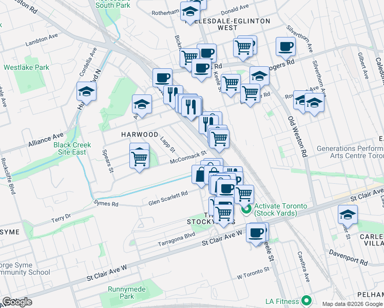 map of restaurants, bars, coffee shops, grocery stores, and more near in Toronto