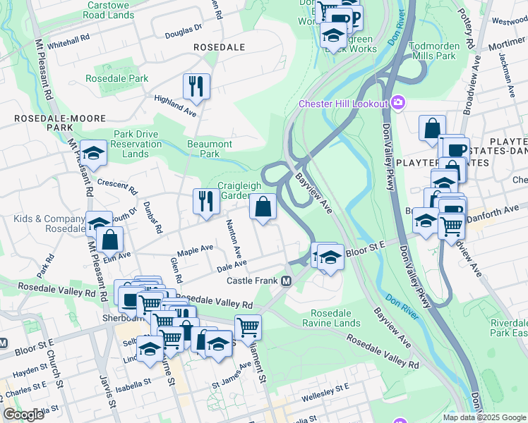 map of restaurants, bars, coffee shops, grocery stores, and more near 34 Castle Frank Road in Toronto