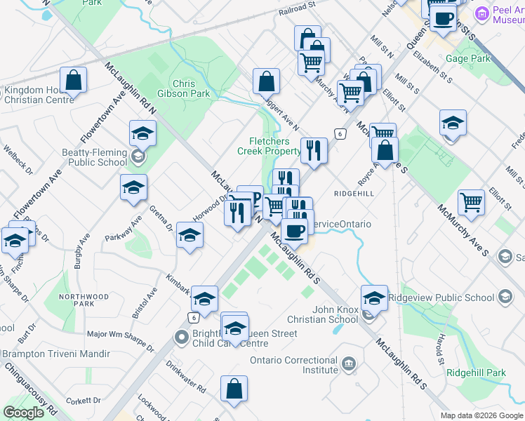map of restaurants, bars, coffee shops, grocery stores, and more near 9 McLaughlin Road North in Brampton