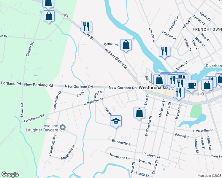 map of restaurants, bars, coffee shops, grocery stores, and more near 70 New Gorham Road in Westbrook