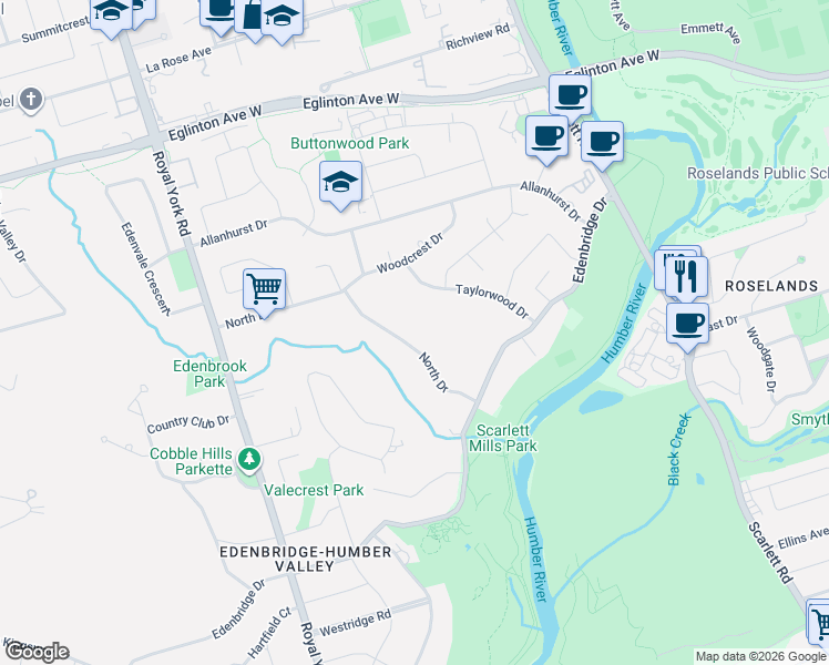 map of restaurants, bars, coffee shops, grocery stores, and more near 43 North Drive in Toronto