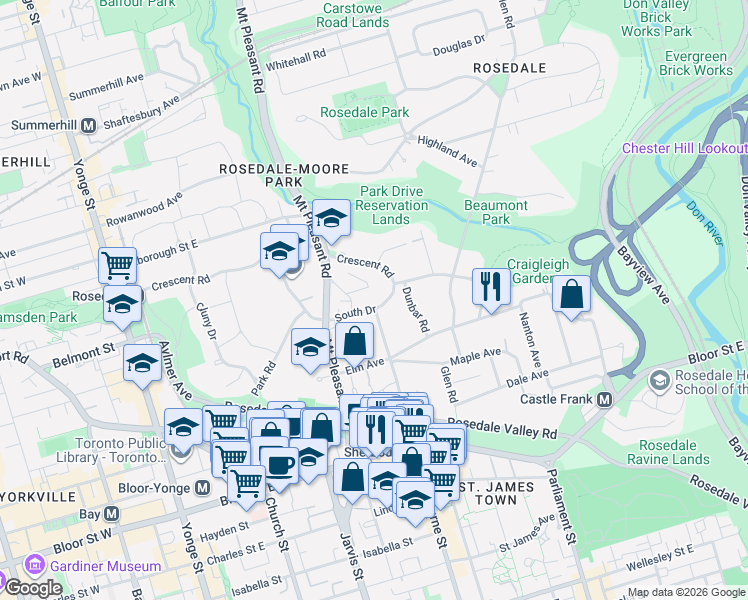 map of restaurants, bars, coffee shops, grocery stores, and more near in Toronto