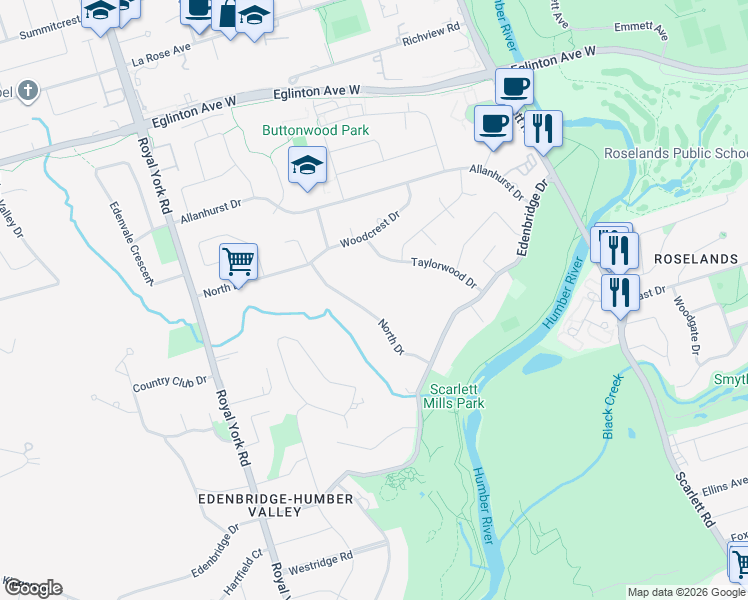 map of restaurants, bars, coffee shops, grocery stores, and more near 43 North Drive in Toronto