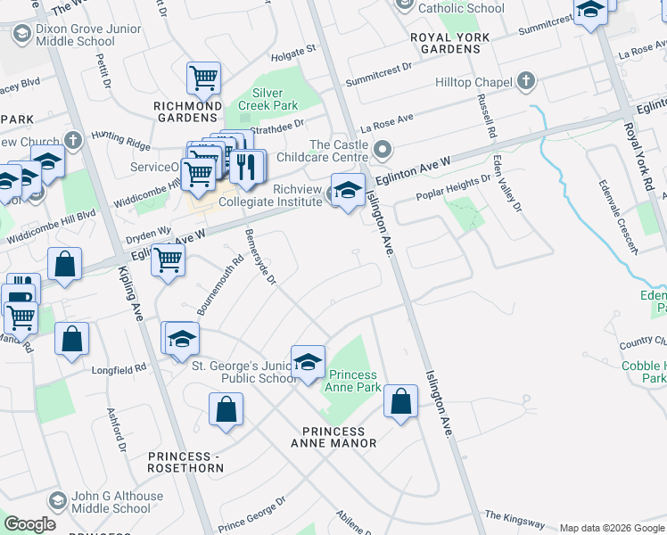 map of restaurants, bars, coffee shops, grocery stores, and more near 73 Ravensbourne Crescent in Toronto