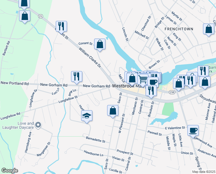 map of restaurants, bars, coffee shops, grocery stores, and more near 21 New Gorham Road in Westbrook