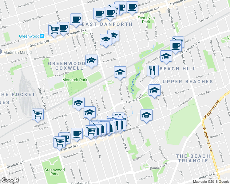 map of restaurants, bars, coffee shops, grocery stores, and more near in Toronto