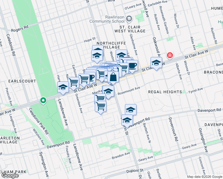 map of restaurants, bars, coffee shops, grocery stores, and more near 1654 Dufferin Street in Toronto