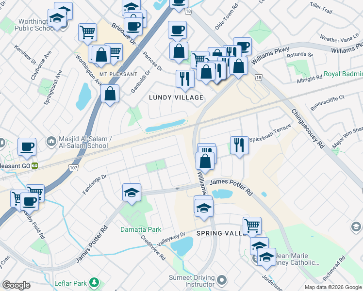 map of restaurants, bars, coffee shops, grocery stores, and more near 96 Owlridge Drive in Brampton