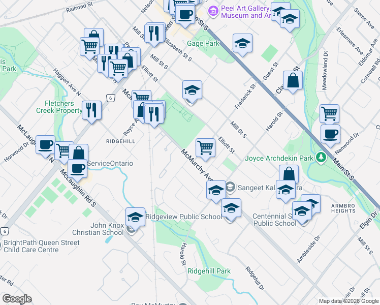 map of restaurants, bars, coffee shops, grocery stores, and more near 52 McMurchy Avenue South in Brampton