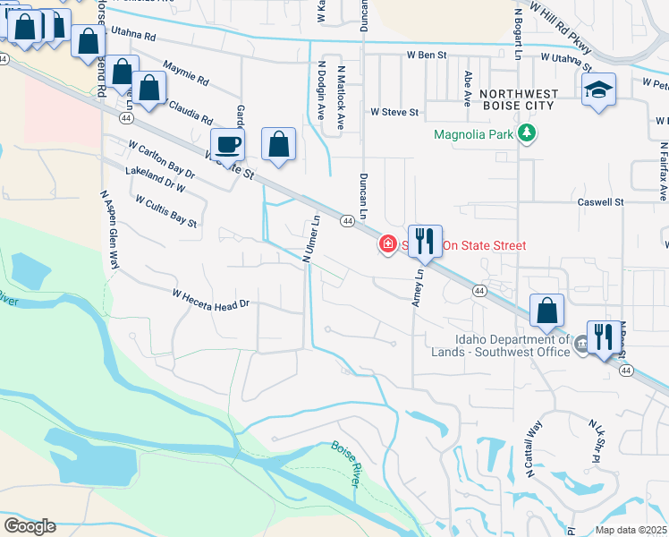map of restaurants, bars, coffee shops, grocery stores, and more near 9391 West Wakefield Street in Boise