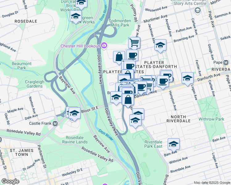 map of restaurants, bars, coffee shops, grocery stores, and more near 32 Cambridge Avenue in Toronto