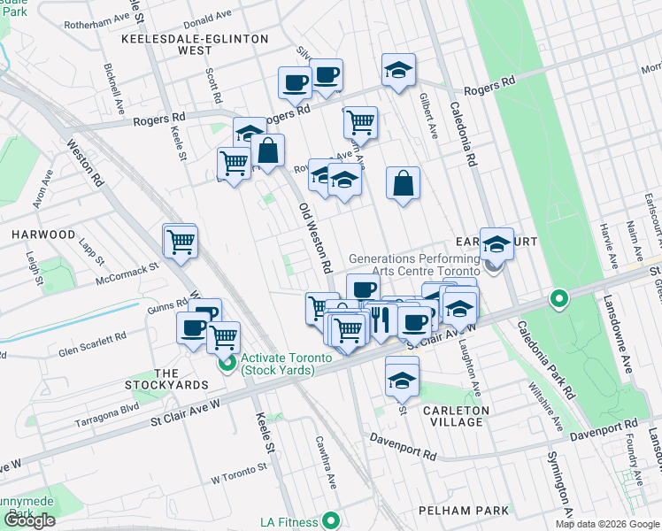 map of restaurants, bars, coffee shops, grocery stores, and more near 505 Old Weston Road in Toronto