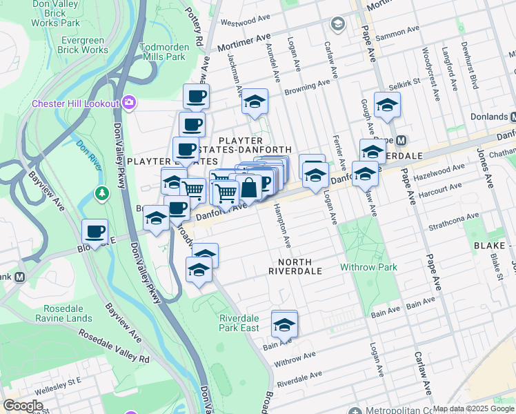 map of restaurants, bars, coffee shops, grocery stores, and more near 245 Danforth Avenue in Toronto