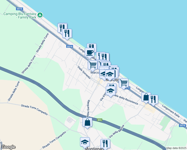 map of restaurants, bars, coffee shops, grocery stores, and more near 4 Piazza Amalfi in Montignano-marzocca
