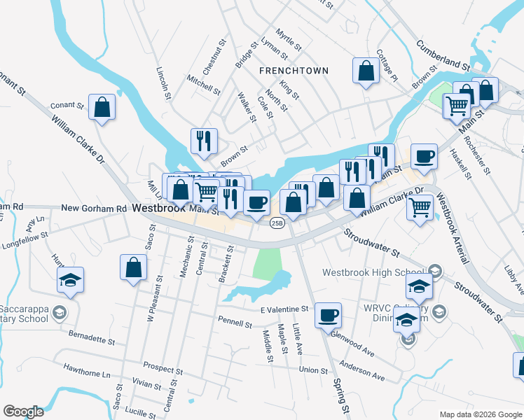 map of restaurants, bars, coffee shops, grocery stores, and more near 10 Ash Street in Westbrook