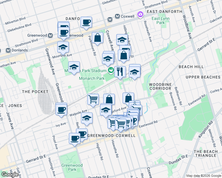 map of restaurants, bars, coffee shops, grocery stores, and more near 819 Craven Road in Toronto