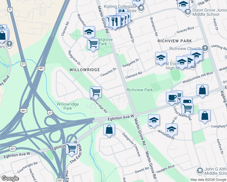 map of restaurants, bars, coffee shops, grocery stores, and more near 200 Redgrave Drive in Toronto