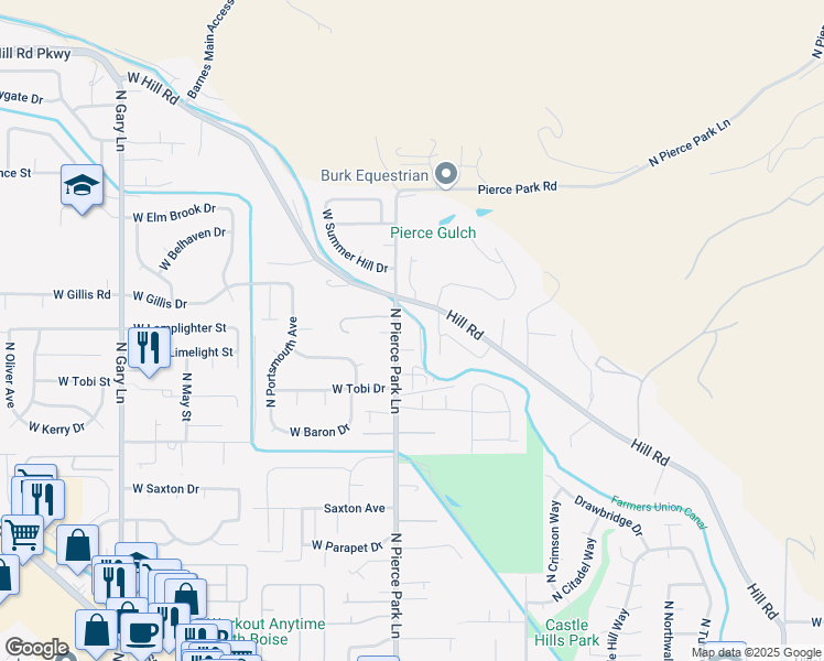 map of restaurants, bars, coffee shops, grocery stores, and more near 6210 North Pierce Park Lane in Boise