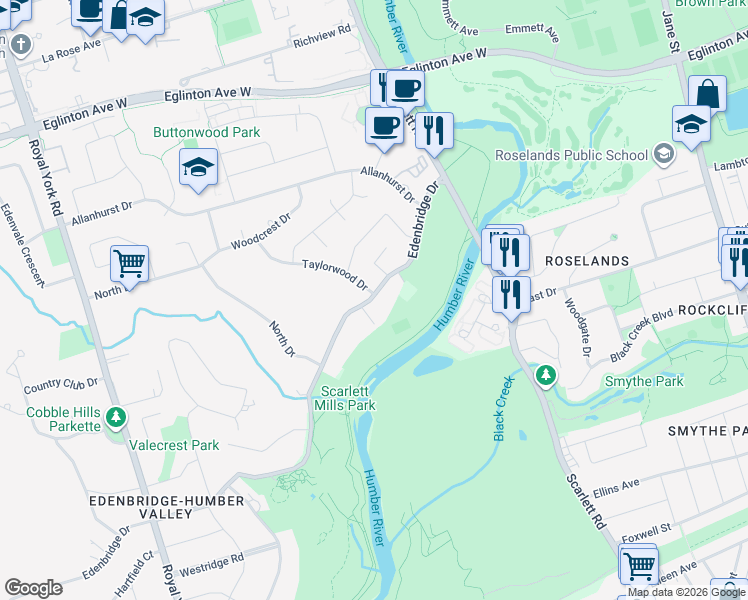 map of restaurants, bars, coffee shops, grocery stores, and more near 215 Edenbridge Drive in Toronto