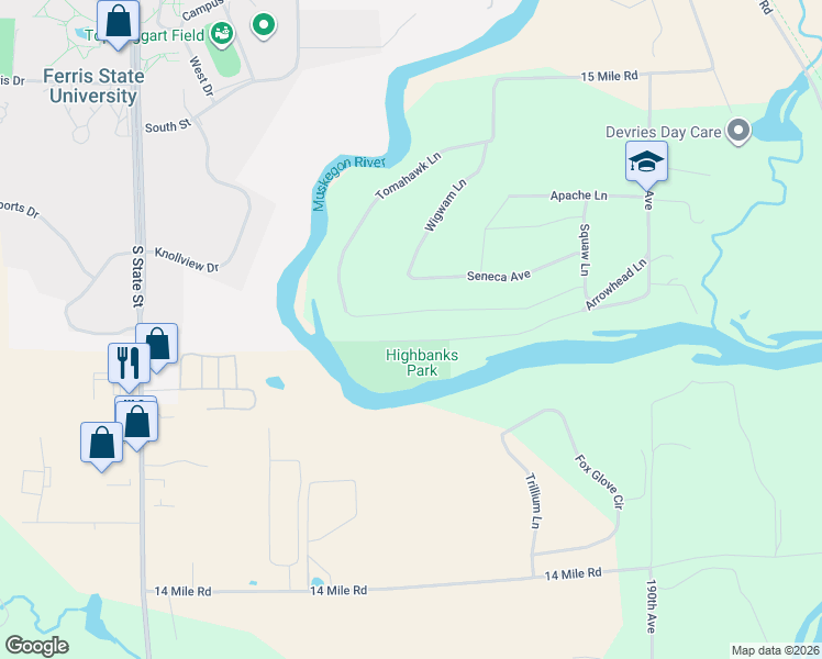 map of restaurants, bars, coffee shops, grocery stores, and more near 19505 Ottawa Lane in Big Rapids