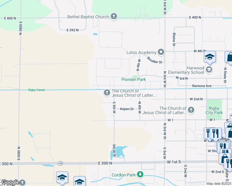 map of restaurants, bars, coffee shops, grocery stores, and more near 596 Foxhill Drive in Rigby