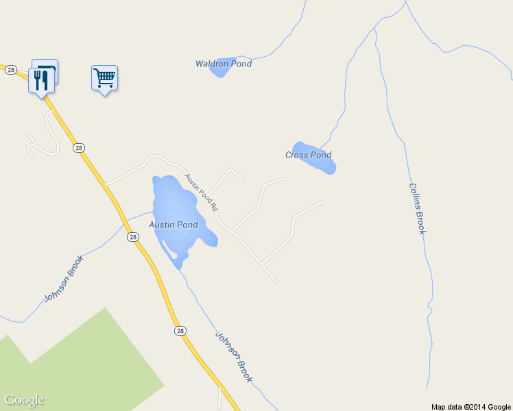 map of restaurants, bars, coffee shops, grocery stores, and more near 125 Austin Pond Road in North Creek