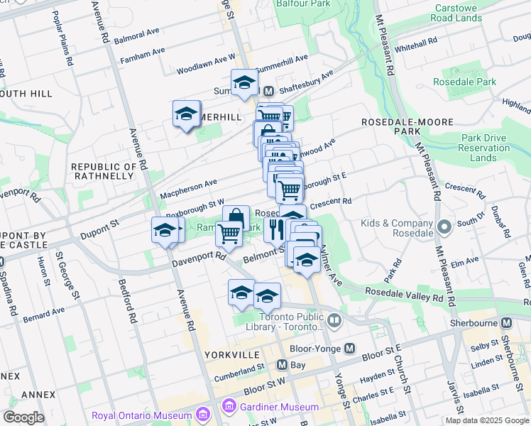 map of restaurants, bars, coffee shops, grocery stores, and more near 27 Gibson Avenue in Toronto