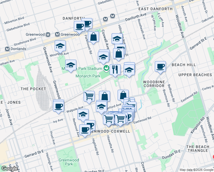 map of restaurants, bars, coffee shops, grocery stores, and more near 823 Craven Road in Toronto