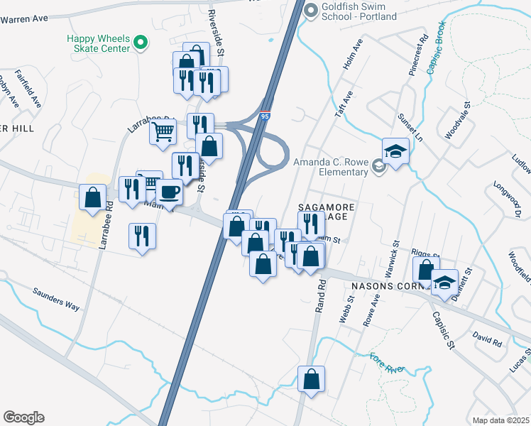 map of restaurants, bars, coffee shops, grocery stores, and more near 1125 Brighton Avenue in Portland