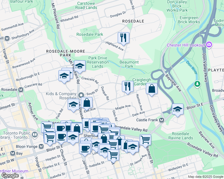 map of restaurants, bars, coffee shops, grocery stores, and more near 88 Glen Road in Toronto