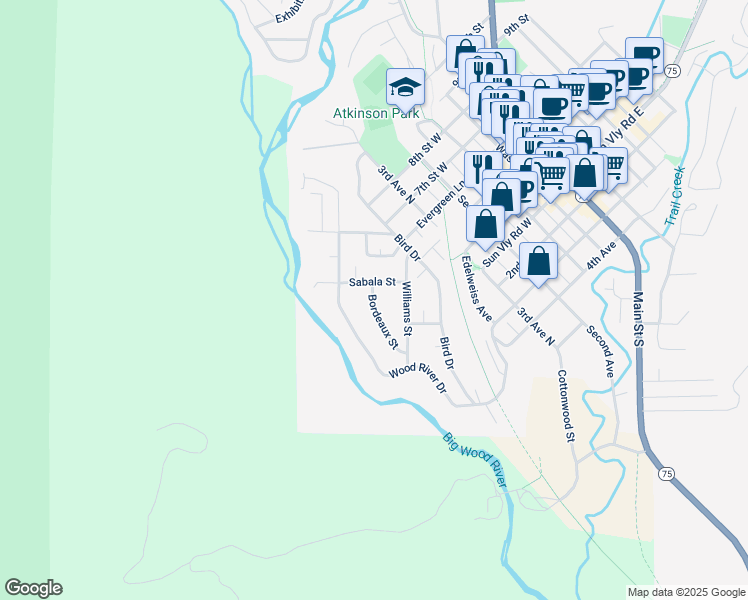 map of restaurants, bars, coffee shops, grocery stores, and more near 185 Bordeaux St in Ketchum