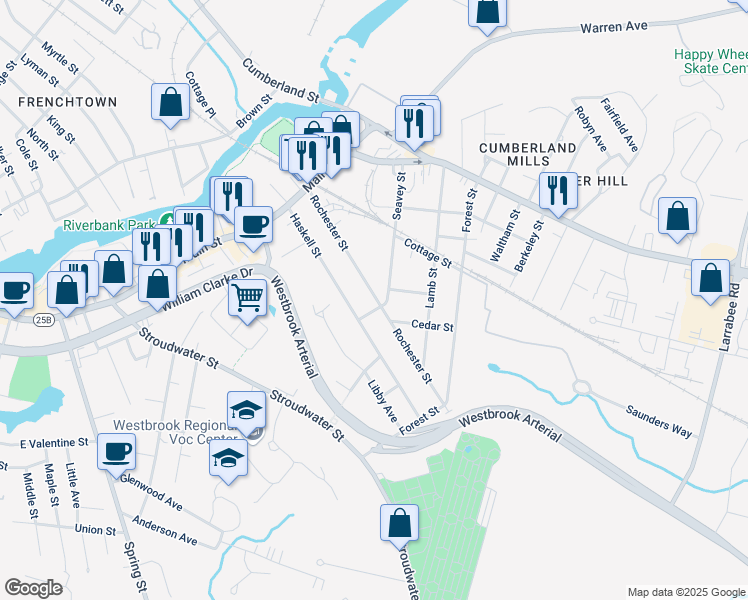 map of restaurants, bars, coffee shops, grocery stores, and more near 111 Rochester Street in Westbrook