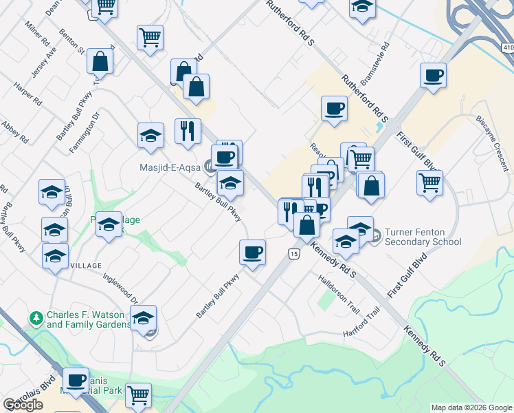 map of restaurants, bars, coffee shops, grocery stores, and more near 365 Kennedy Road South in Brampton