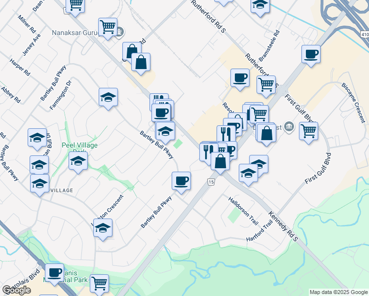 map of restaurants, bars, coffee shops, grocery stores, and more near 365 Kennedy Road South in Brampton