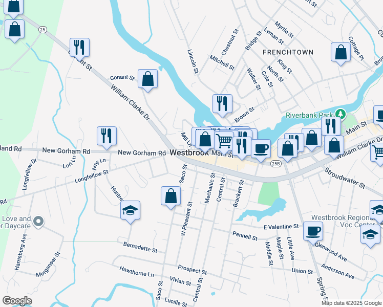 map of restaurants, bars, coffee shops, grocery stores, and more near 950 Main Street in Westbrook