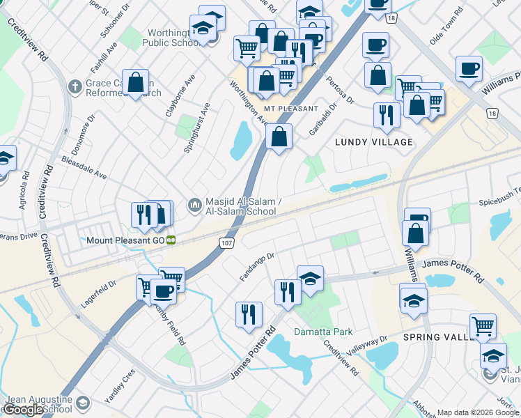map of restaurants, bars, coffee shops, grocery stores, and more near 91 Ozner Court in Brampton