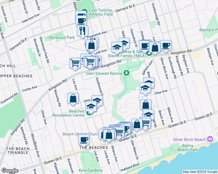 map of restaurants, bars, coffee shops, grocery stores, and more near 42 Beaufort Road in Toronto