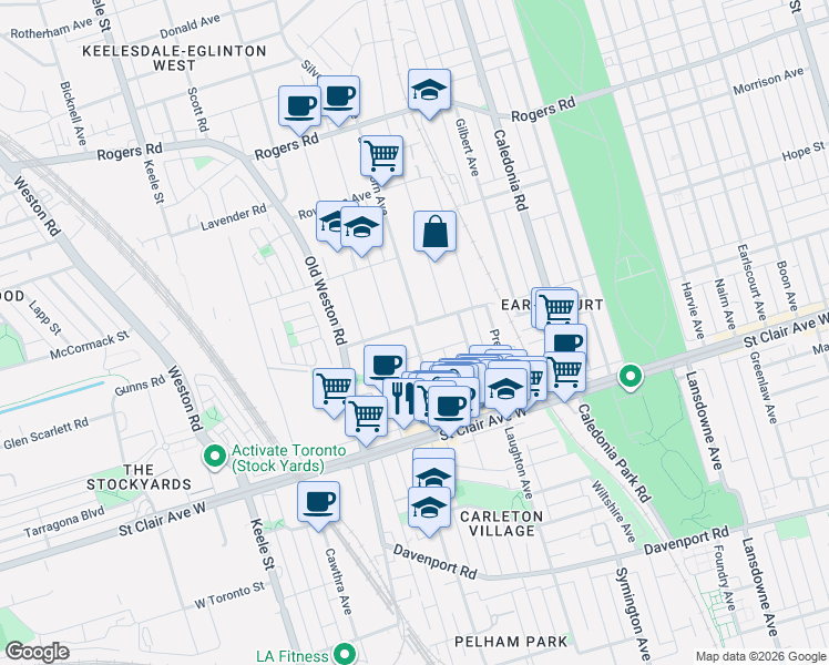 map of restaurants, bars, coffee shops, grocery stores, and more near 112 Silverthorn Avenue in Toronto